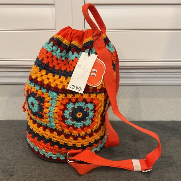 NWT Cider Retro Crochet Granny Square Drawstring Backpack Boho - Picture 9 of 16